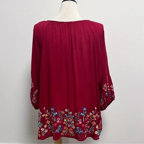Johnny Was Red Sarah Floral Embroidered Scoop Neck 3/4 Elastic Cuff Sleeve Top - Picture 6 of 10